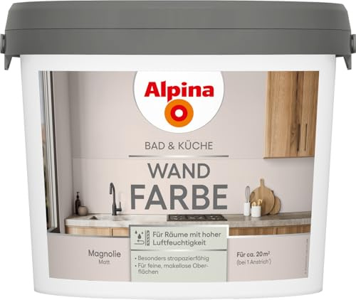 Alpina Bad & Küche Wandfarbe – matte Innenfarbe für Feuchträume, hohe Deckkraft & tropfgehemmt, streichfertige Wand- und Deckenfarbe für Bad & Küche – 2,5L (Magnolie)