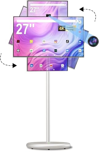 27 FHD Smart Portable TV, Rolling TV on Wheels, Android 15 OS, 6G +128GB Storage, Portable Touch Screen Monitor, 13MP Camera, Built-in Battery, 60Hz Refresh Rate, Full Swivel Rotation, Voice Remote