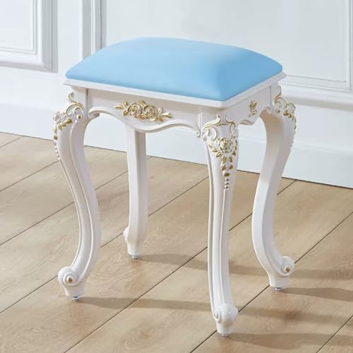 Taburete de tocador de maquillaje barroco, silla de cosméticos acolchada con patas talladas en ABS, taburete de tocador retro, soporta hasta 110 kg, elegante diseño azul, patas doradas