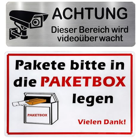 2 Pcs Autocollant Pour Boîte Colis 20 X 30cm+Panneau Camera Surveillance Kit,Panneau Indicateur Boîte Colis Avec Protection UV-Pakete Bitte in Die Paketbox Legen-Résistant Chocs Rayures