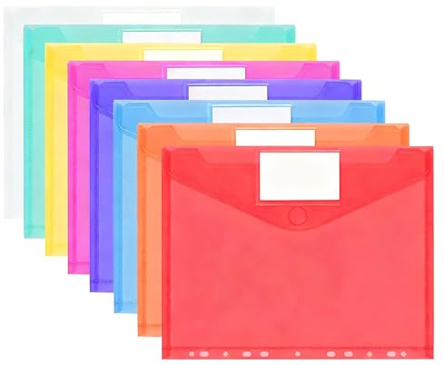 8 Stück A4 Dokumententasche, 8 Farben Dokumentenmappe, Abheftbar Dokumententaschen mit 11 Lochrand und Etikettentasche, Wasserdichte Mappen Durchsichtige Dokumentenhüllen für Dokumente Organisiere