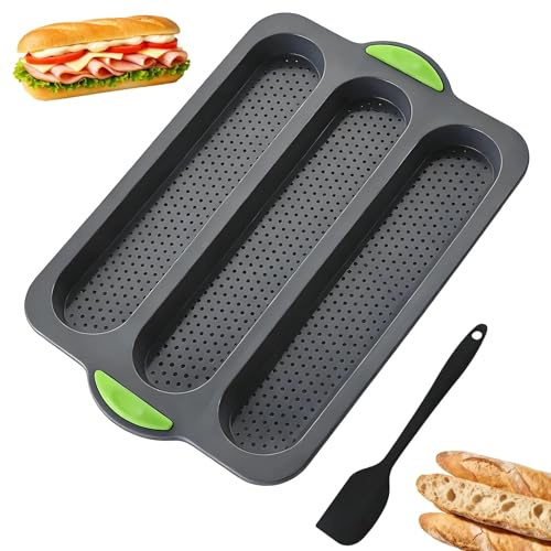 SHILIUZHI French Baguette Baking Tray, 3 Cavity French Bread Mould with 1 Silicone Spatula, Silicone Baguette Pan, Bread Baking for Oven, Freezer and Dishwasher
