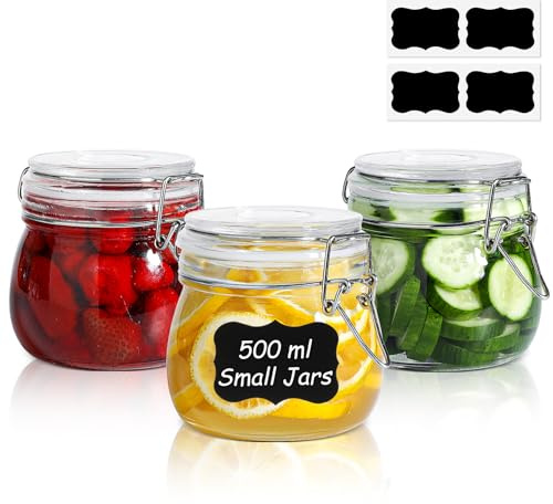 ComSaf 500ml Glass Jars with Airtight Lids, Small Pickling Jars, 3 Pack | Clip Top Jars for Kitchen Storage, Small Mason Jars for Jam, Pickles, Canning, Snacks, Spice Storage & Pantry Organization