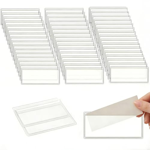 52 Pcs Self Adhesive Label Holders Clear Plastic Shelf Tag Labels Holder | Nameplate Pockets Business Card Label Pockets Index Card Sleeves for Classroom Supermarket Bookshelf Kitchen (3.2x7.5cm)