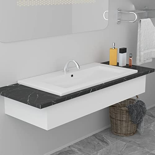 Einbauwaschbecken Keramik Weiß 91x39,5x18,5 cm mit Überlauf modernes Waschbecken für Badezimmer Gästebad Waschtisch Sanitäranlage kompakt und pflegeleicht