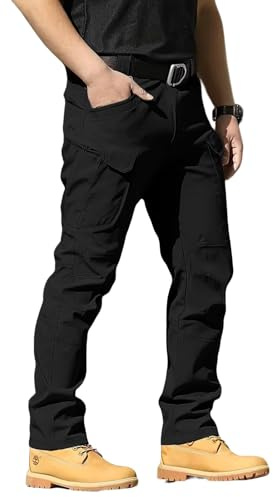 QAUN Mens Work Trousers Cargo Tactical Pants Hiking Trousers Waterproof Lightweight Elastic Waist for Travel with Pockets(No Belt) Black