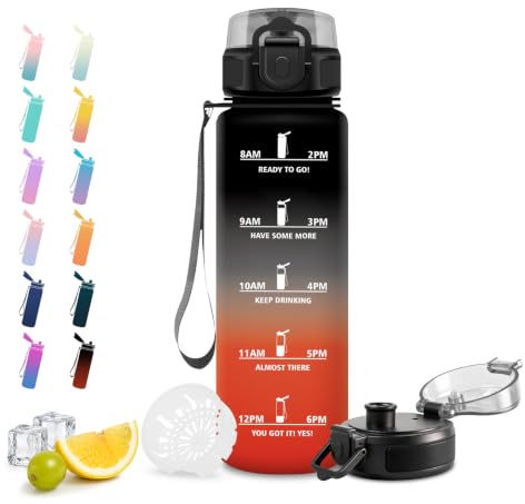 JAPORIA Botella Agua Deportiva 1L, Botella Motivacional, sin BPA, Cantimplora con Filtro para Escuela, Oficina, Sport, Yoga, Gimnasio