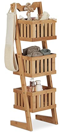 Relaxdays Badregal Bambus, 3 Ablagen, Tragegriff, Allzweckregal, Organizer, platzsparend, wasserfest, dekorativ, natur