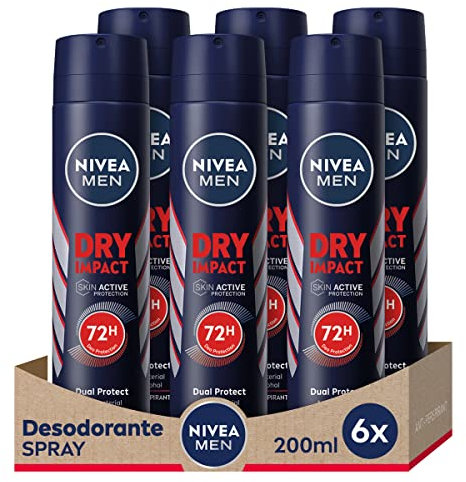 NIVEA MEN - Deodorante Anti-Traspirante Dry Impact, Senza Profumazione, Nebulizzatore, 6 x 200 ml