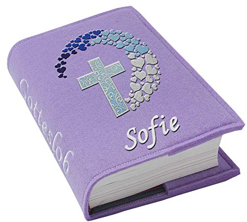 SL-Store GbR Gotteslob Gotteslobhülle Großdruck Kreuz Herzen blau Filz mit Namen bestickt hellgrau weiß dunkelgrau lila blaugrau dunkelblau türkis maigrün flieder, Farbe:flieder