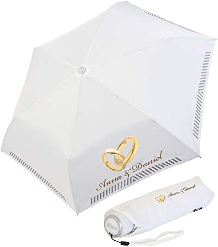 iX-brella Mini Hochzeits-Taschenschirm mit reflektierender Borte Ringe personalisiert mit Namen