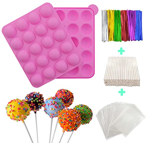 Cake Pop, Molde Cake Pops,Molde Lollipop, 100 Palitos + 100 Bolsas + 100 Lazos, Ideal para Caramelos Duros, Piruletas, Pasteles y Cupcakes de Fiesta