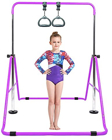 Barre de gymnastique pour enfants avec anneau volant pliable et réglable en hauteur horizontale, équipement de barre d'entraînement extensible pour garçons et filles, couleur rose, violet, bleu,