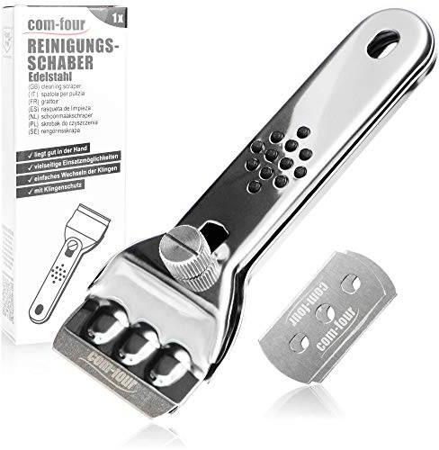 COM-FOUR® Ceran fältskrapa med ersättningsblad - Skrapa av rostfritt rostfritt stål för köket - Ceran fältskrapa med halkfritt handtag och bladskydd - Hällskrapa (01 st + 02 blad)