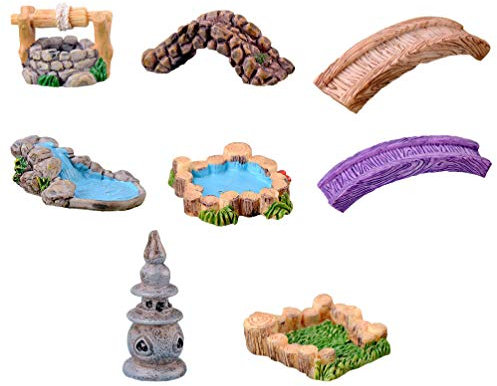 8Pcs Zen Garden Accessories Fairy Garden Water Well Bridge Miniature Figurine Gardening Pool Garden Terrarium DIY Ornament Mixes
