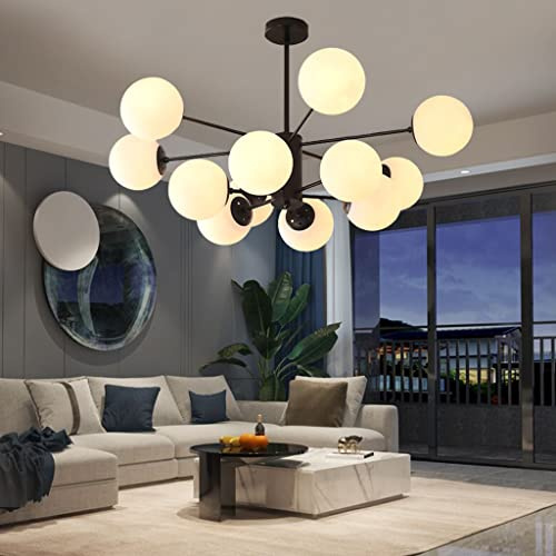 ENXING Pendelleuchte E27 Moderne Pendellampe Kreative Dekoration Wohnzimmer Kronleuchter Eisen Hängelampe Glaskugel Deckenleuchte Weißer Schatten Hängeleuchte Küche Esszimmer Bar,Schwarz,12 heads