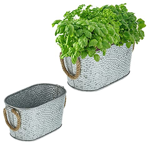 Relaxdays Zinkpanna set om 2, planteringskruka i hammarslag-look, dekorativa järnbadkar i 2 storlekar, med jutehandtag, silver