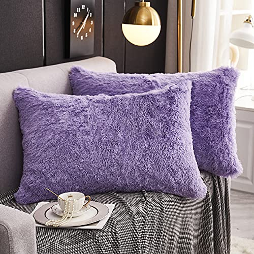 WERDIM Shaggy flauschige Kunstfell-Kissenbezüge, 2 Stück, Knopfverschluss, Samt, Standard/Queen-Size-Größe (lila, 50,8 x 66 cm)