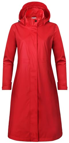 Regenmantel Damen lang Regenparka Damen wasserdicht atmungsaktiv gefütterte Regenjacke Trenchcoat Übergangsmantel Parka Outdoor, Rot, 40/L