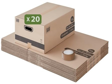Pack and Move - Lot 20 cartons déménagement M - 60 x 40 x 30 cm - Poignées renforcées - 1 adhésif offert