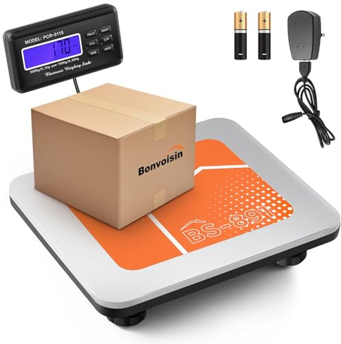 Bonvoisin Bilancia Postale Digitale 300kg/660lb, Display LCD Esterno, Bilancia Pacchi con Funzione Conteggio, Commutabile kg/oz/lb, 4 Batterie AA e Alimentatore EU Inclusi, Piatto 36x30cm