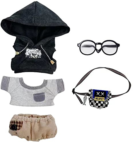niannyyhouse 20cm Plüsch Puppe Kleidung Hoodie Jeans T-Shirt Brille Rucksack Weich Gefüllte Plüschtier Dress Up Zubehör (Schwarz, 20cm)