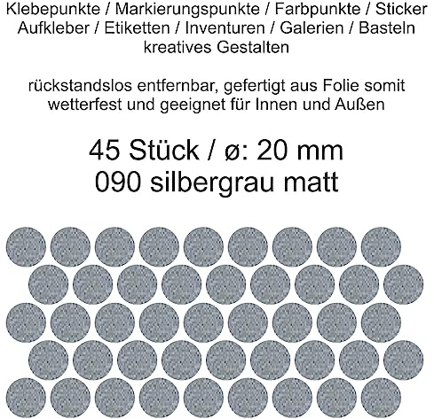 Aufkleber Etiketten Klebepunkte aus Folie 45 Stück silber matt rund 20 mm selbstklebend farbig wetterfest Decal Markierungen Organisieren DIY basteln verzieren Modellbau Scrapbooking