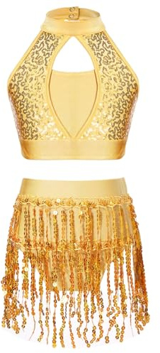 Freebily Vestito da Ballo Bambina Latino Americano Nappe Paillettes Abiti da Balletto Crop Top Corto Halter Gonna di Danza Classica Vestito da Pattinaggio Artistico Lucido Giallo 5-6 Anni