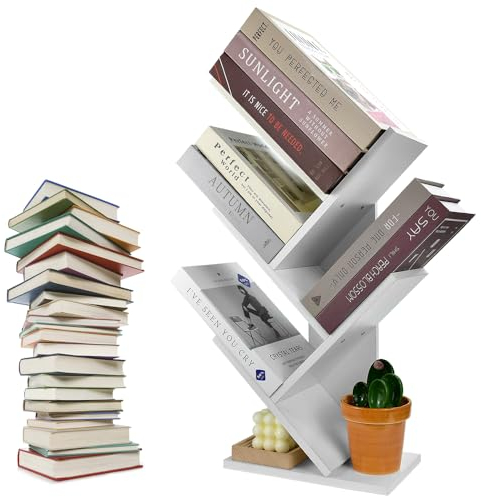 LPAMABA Bücherregal 4 Ebenen Raumteiler Tree Desktop Bücherregal Bodenstehendes Bücherregal Bücherturm Freistehend Standregal in Baumform Lagerregal für Schlafzimmer, Wohnzimmer, Büro, Weiß