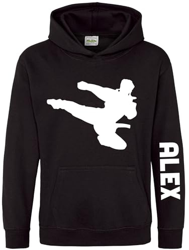 Purple Print House Personalised Karate Warrior Hoodie For Boys Custom Name Martial Arts Fighting Black Belt Hooded Top, 12-13 Years, Black