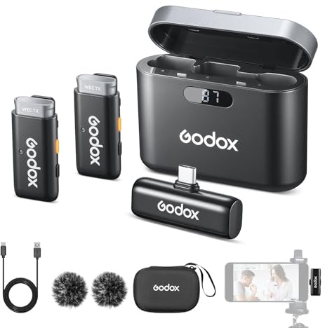 Godox WES 2 KIT2 Lavalier mikrofon trådlös med brusreducering kompatibel med Type-C/Android, 1 mottagare, 2 sändare mikrofoner, lämplig för smartphones, surfplattor för vlogging, livestreaming