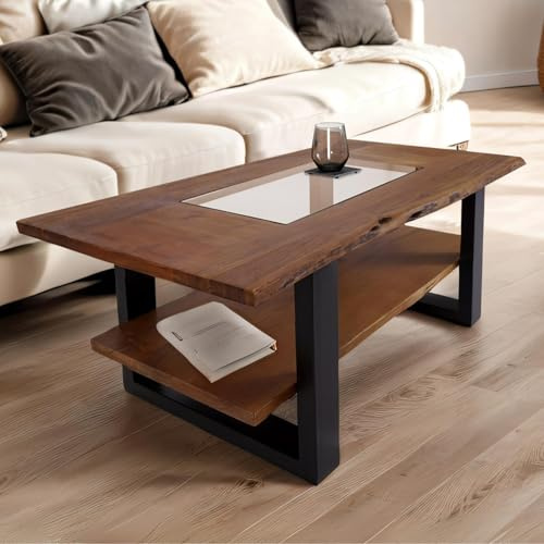 SAM Couchtisch 115x65 cm Patrick, Sofatisch mit Ablage und Glasplatte, Akazienholz massiv + nussbaumfarben, Beistelltisch mit schwarzem U-Metallgestell, echte Baumkante