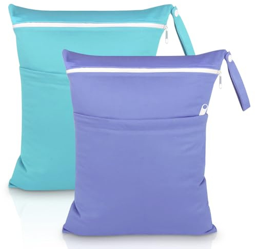 SLETIE 2 Packs Wet Bag, Waterproof Wet Dry Bags, Reusable Washable Cloth Diaper Bags, Nappy Bag with Double Zipper Pockets for Baby Items Swimming Camping Travel Beach Pool Bag (Blue+Purple)