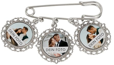 MilyaDE Personalisierte Brosche Pin mit Foto Gravur Vintage Hochzeit Bräutigam Braut Brautstrauß Boutonniere Pin Kit, Rund Anhänger