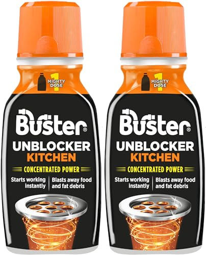 Buster Kitchen Plughole Unblocker (Pack of 2 x 150g) Fast-Acting Sink Unblocker Dissolves Fat, Food & Debris, Drain Cleaner Clears Blockages in Kitchen Sink Pipes - Made in UK