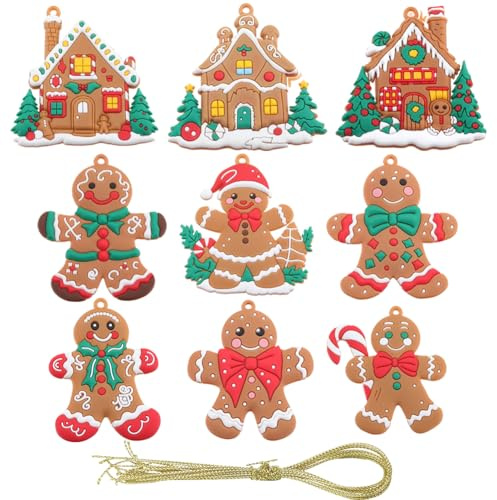 SUNNYCLUE 1 boîte 9 pièces Ornement de Maison en Pain D'Épices Ornements de Bonhomme de Pain D'Épices en Plastique Bonhomme de Neige Maison de Biscuits Ornements de Noël Mini Décorations D'Arbre D'Hiv