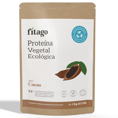 Proteina Vegana Ecologica en Polvo, 1kg | Sabor Cacao | 73% de Proteína Vegetal | Triple Fuente Arroz, Guisante y Cáñamo | Sin Edulcorantes Artificiales | Sin Gluten | Apta para Veganos - Fitago