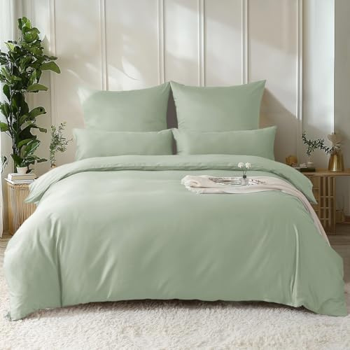 SOULFUL Satin Bettwäsche 135x200 Baumwolle 4 Teilig, Oeko-Tex, Salbeigrün | 100% Langstapelige Baumwolle Seidig Kühlend Bettwäsche-Set mit Reißverschluss,2 Bettbezug 135x200 & 2 Kissenbezug 80x80