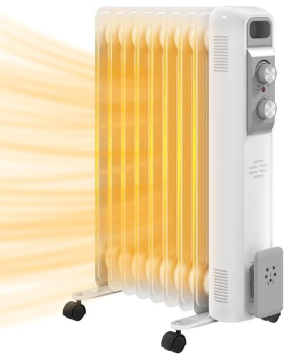 HOMCOM 2000W Quiet Oil Filled Radiator, 9 Fin Energy Efficient Portable Electric Heater with 3 Heat Settings, Adjustable Temperate, Safety Tip Over, Overheat Protection, Wheels, for Home, White