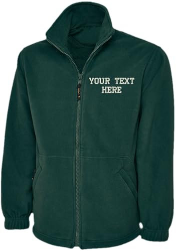 Personalised Embroidered Full Zip Fleece Unisex Jacket, Free Left Chest Text Customise Jacket, 100% Polyester Super Anti Pill Micro Fleece Jacket Bottle Green