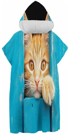 CDXNORA Poncho Handtuch - Erwachsene Surf Poncho Mit Kapuze Strandtücher Schwimmen Strand Poncho Für Herren Damen Jugendliche, Blauer Holzzaun, Orangefarbene Katze Mikrofaser Badeponcho Badetuch