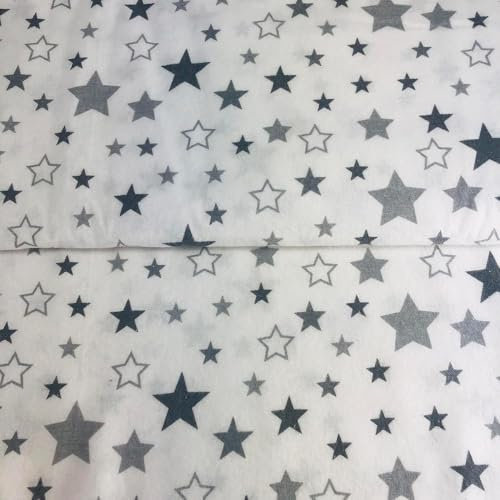 Fabreco Flanell Kinderstoff Meterware – 1M x 160cm - Karo, Baumwollstoff, 1lfm, Stoffbreite 160cm - graue Sterne