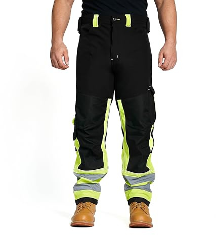 Sam Caan® Hi Vis Mens Work Trousers Softshell Men High Visibility Viz Reflective Water Resistant Cargo Rain Proof Repellent Windproof Safety Site Work Wear Builder Pants Soft Shell Workwear Warm