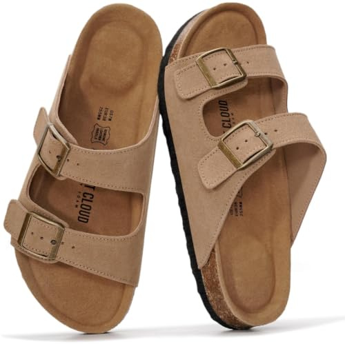 Project Cloud 100% Genuine Leather Flat Sandals For Women 2026 Cork Footbed Womens Sandals with Memory Foam and arch support Vacation Essentials Slides for Women Footwear (VenitaWD,CHSTNUT,9)