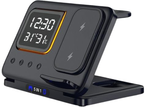 5-in-1 Clock Wireless Charging Station Foldable with LED Night Light & Clock, 15W Fast Charger for Phones, Earphones, Smartwatch, Qi-Certified, with Type-C Cable