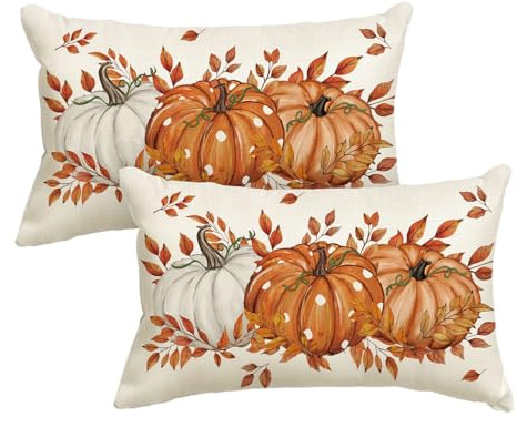 Artoid Mode Orange Pumpkins Maple Leaves Autumn Cushion Cover Set of 2, 30x50 cm Fall Decorative Pillow Case Cover Sofa Living Room Outdoor Decor