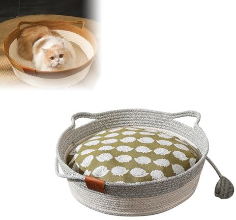 Gewebtes Seil Katzenkorb, Katzenspielzeugkorb Geeignet für Alle Katzen, Kleine Hunde Handgewebtes Katzenbett mit Eingebauter Kratzmatte und Haustierspielzeug, Garnball (Grau)