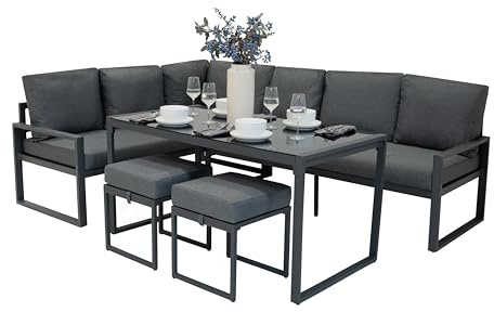 Hörnsoffset i Aluminium 7-sits | Antracitgrå | Soffa + 2 Pallar + Bord med Härdad Glasskiva + Vattentät Överdrag | Tvättbara Dynor, Modern och Hållbar Design för Trädgård, Terrass, Uterum