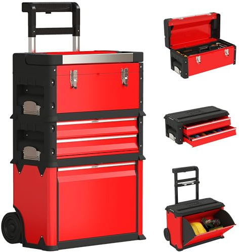 HOMCOM Carro Taller incl. Caja 3 Módulos Acero Rojo