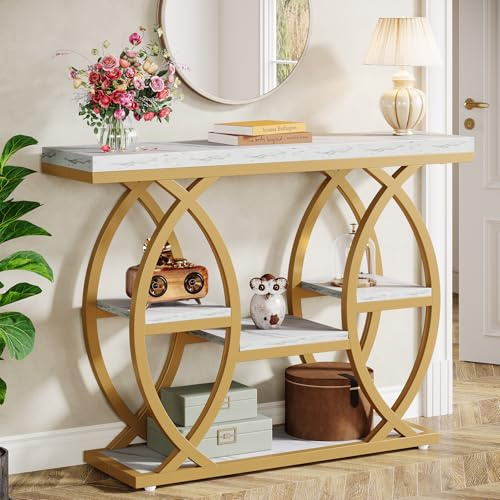 Tribesigns Konsolentisch, 100 x 30 cm Industrieller 4-Stöckiger Sofatisch Eingangstisch mit Ablagen, Schmale Holzakzenttische mit Metallrahmen für Kleine Räume, Flur, Foyer, Weißgold